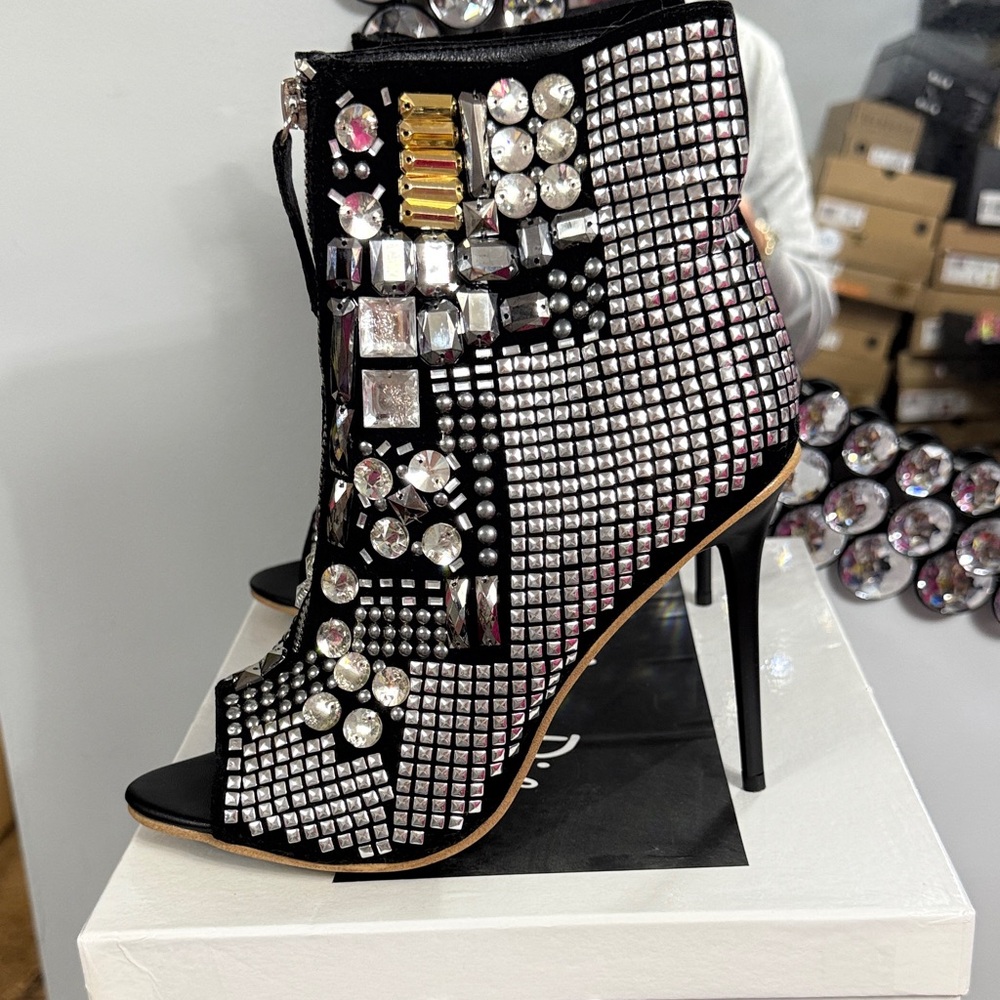 Glamorous Embellished Black Heeled Boots